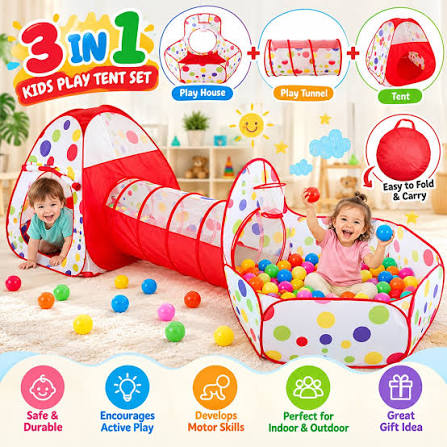 3-in-1 Pop-Up Tunnel Tent Set – Playhouse, Crawl Tunnel & Ball Pit 🎪🌈✨